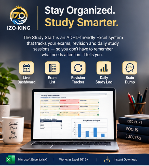 The Study Start \u2014 ADHD-Friendly Exam & Revision Tracker (Excel Template)